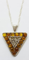 Sterling Silver Natural Amber Ornate Triangle Pendant on Silver Chain
