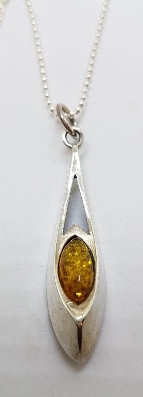Sterling Silver Amber Long Pendant on Silver Chain