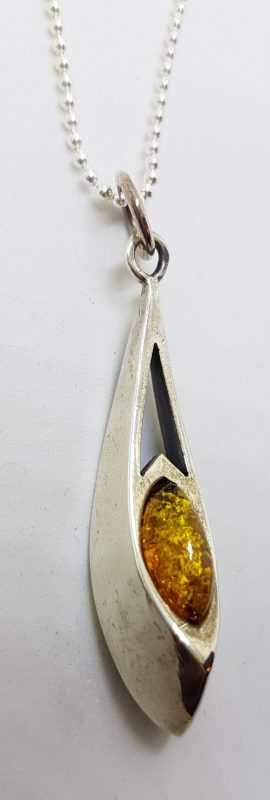 Sterling Silver Amber Long Pendant on Silver Chain