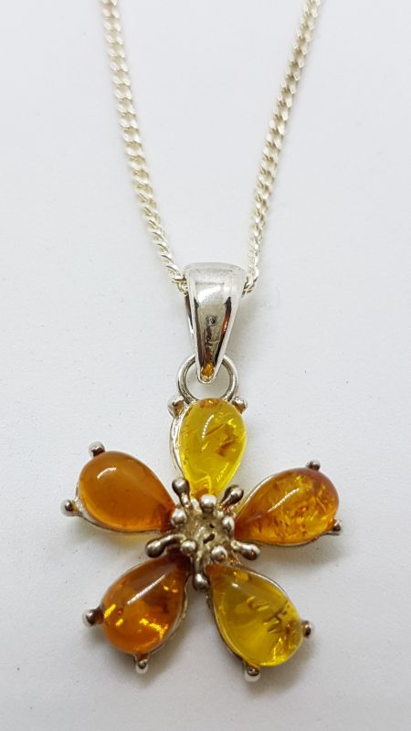 Sterling Silver Amber Flower Pendant on Silver Chain
