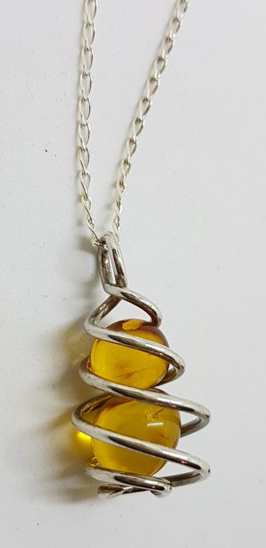Sterling Silver Natural Amber Two Ball in Cage Pendant on Silver Chain