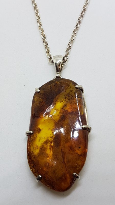 Sterling Silver Natural Amber Large Chunky Claw Set Pendant on Silver Chain