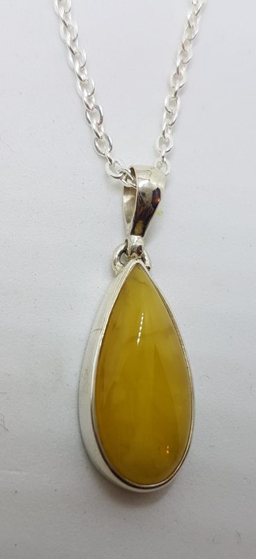 Sterling Silver Natural Butter Amber Teardrop Pendant on Silver Chain
