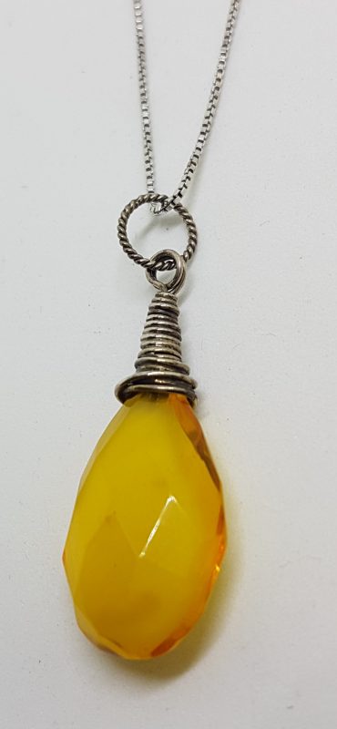 Sterling Silver Natural Butter Amber Faceted Twist Top Drop Pendant on Silver Chain
