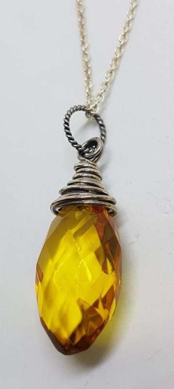 Sterling Silver Natural Amber Faceted Twist Top Drop Pendant on Silver Chain