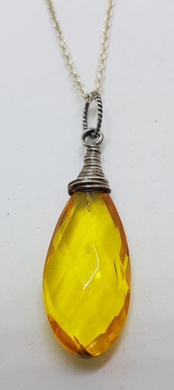 Sterling Silver Natural Amber Faceted Twist Top Drop Pendant on Silver Chain