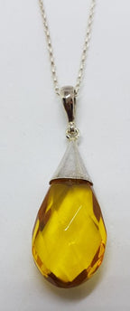 Sterling Silver Natural Amber Faceted Cone Top Drop Pendant on Silver Chain