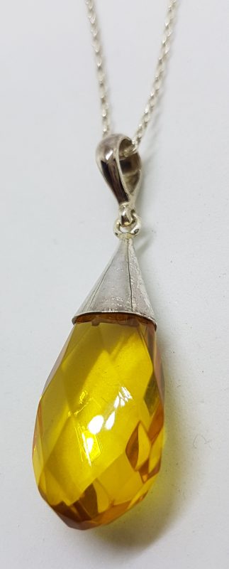 Sterling Silver Natural Amber Faceted Cone Top Drop Pendant on Silver Chain
