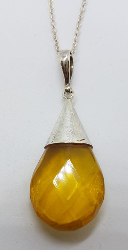 Sterling Silver Natural Amber Faceted Cone Top Drop Pendant on Silver Chain