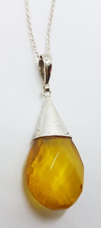 Sterling Silver Natural Amber Faceted Cone Top Drop Pendant on Silver Chain