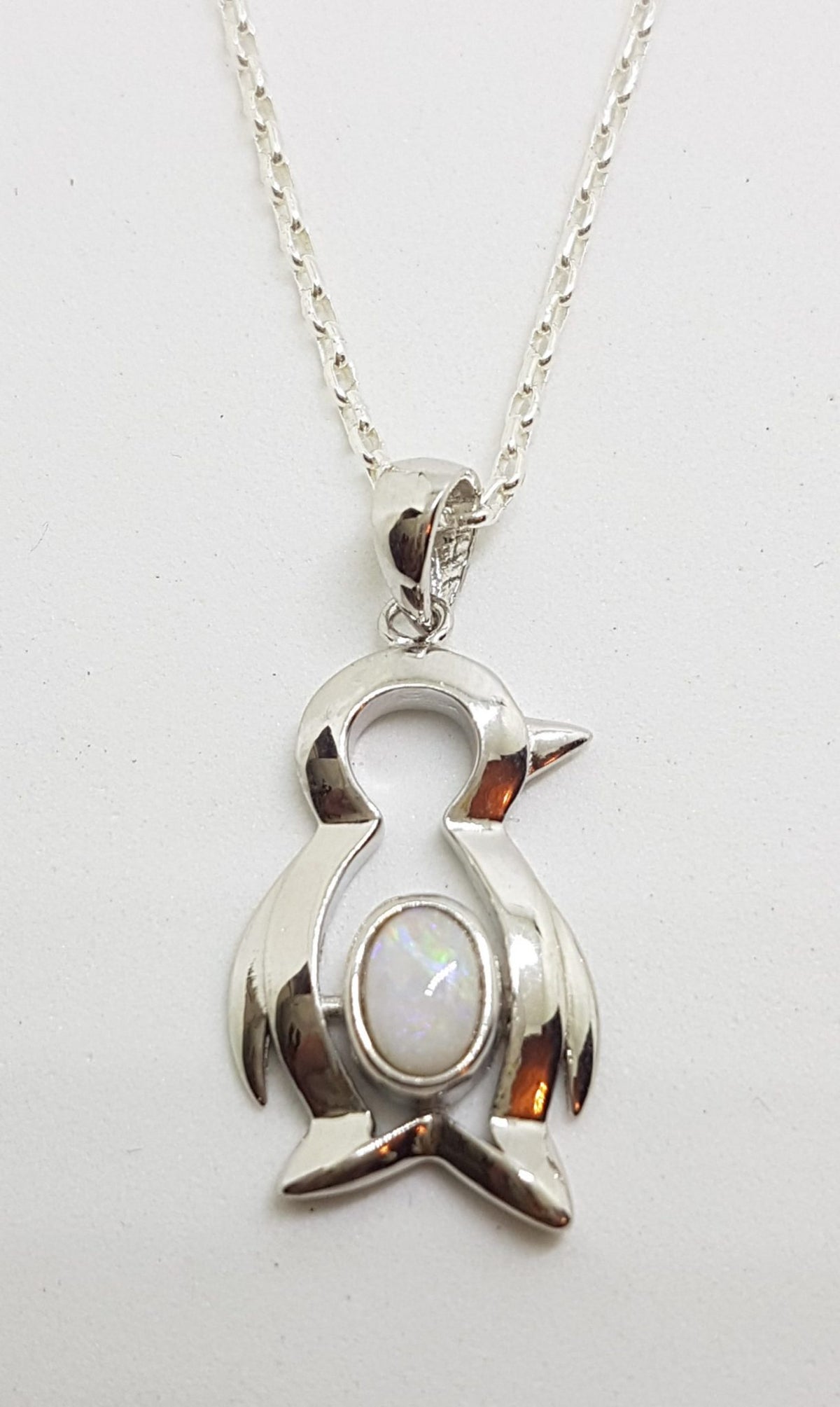 Sterling Silver White Opal Penguin Pendant on Silver Chain