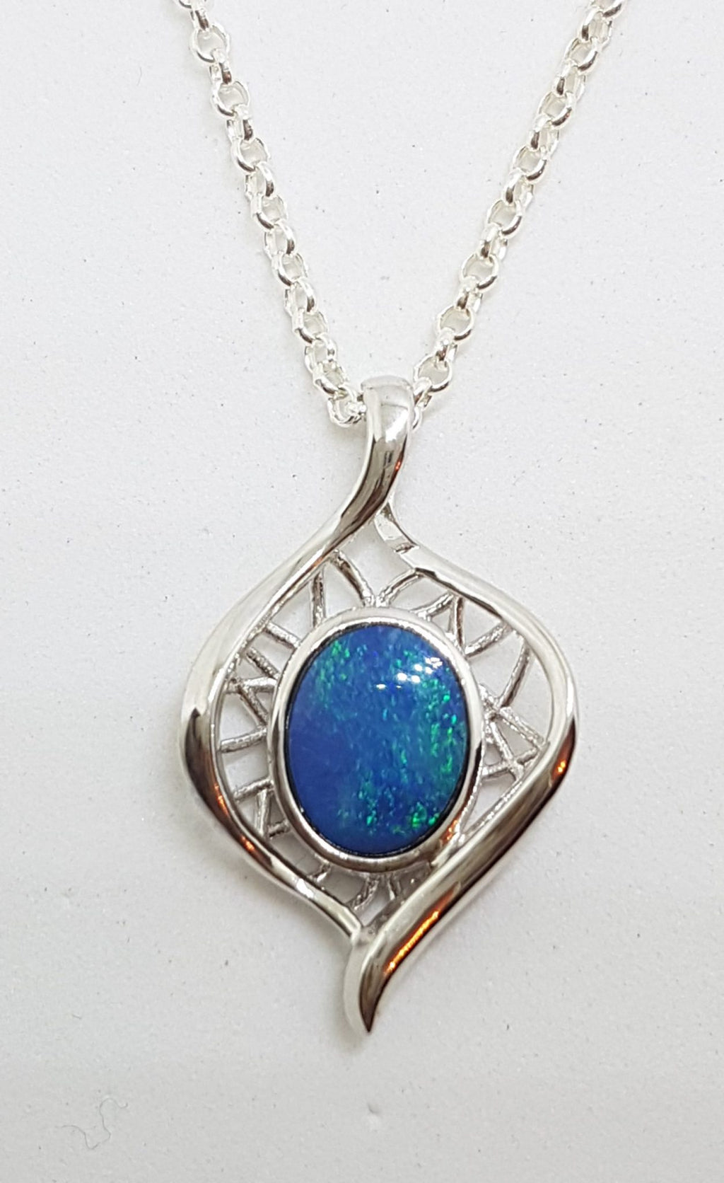 Sterling Silver Oval Blue Opal Ornate Pendant on Silver Chain