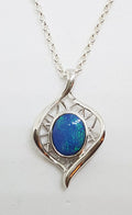 Sterling Silver Oval Blue Opal Ornate Pendant on Silver Chain