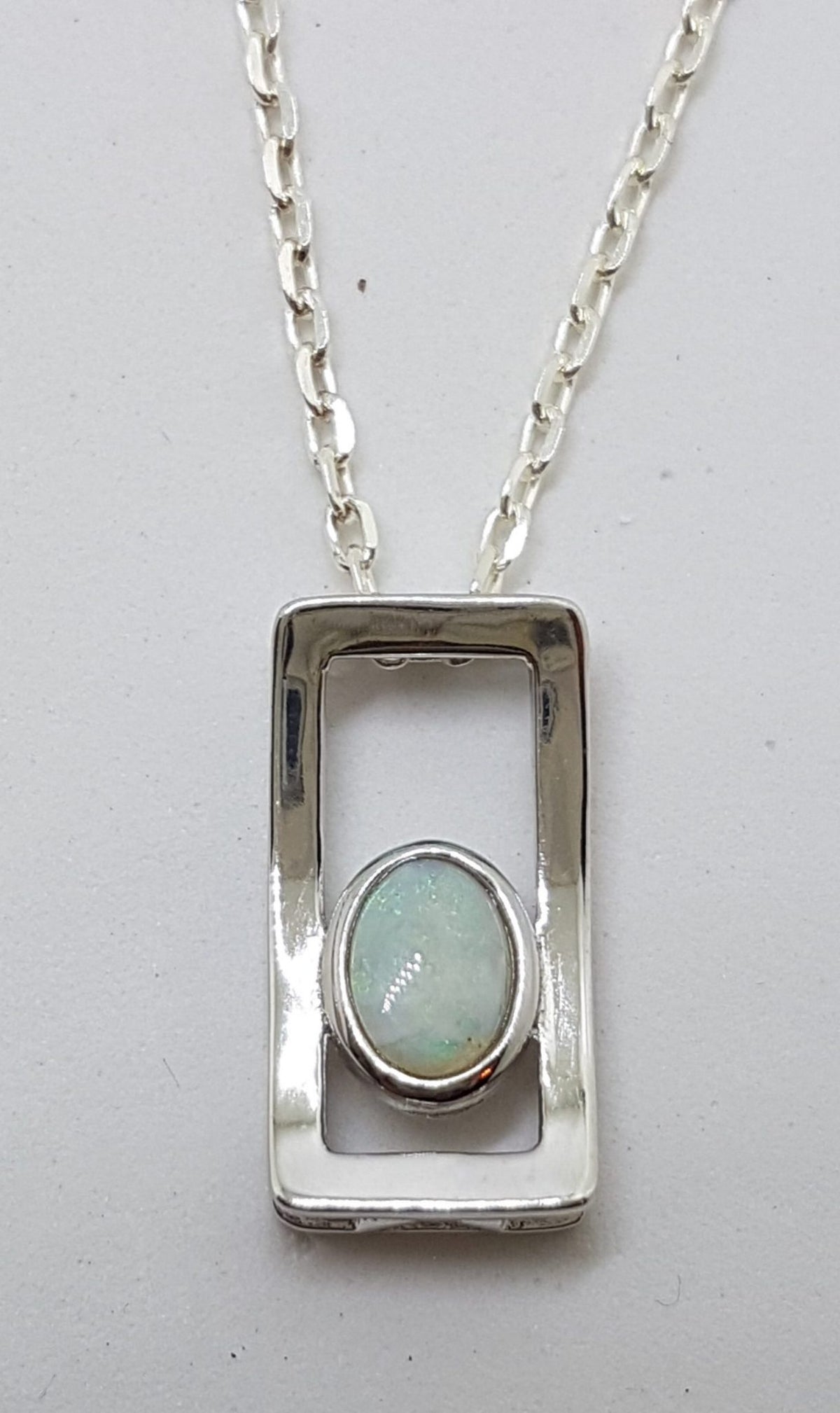 Sterling Silver White Opal Oval in Rectangular Pendant  on Silver Chain