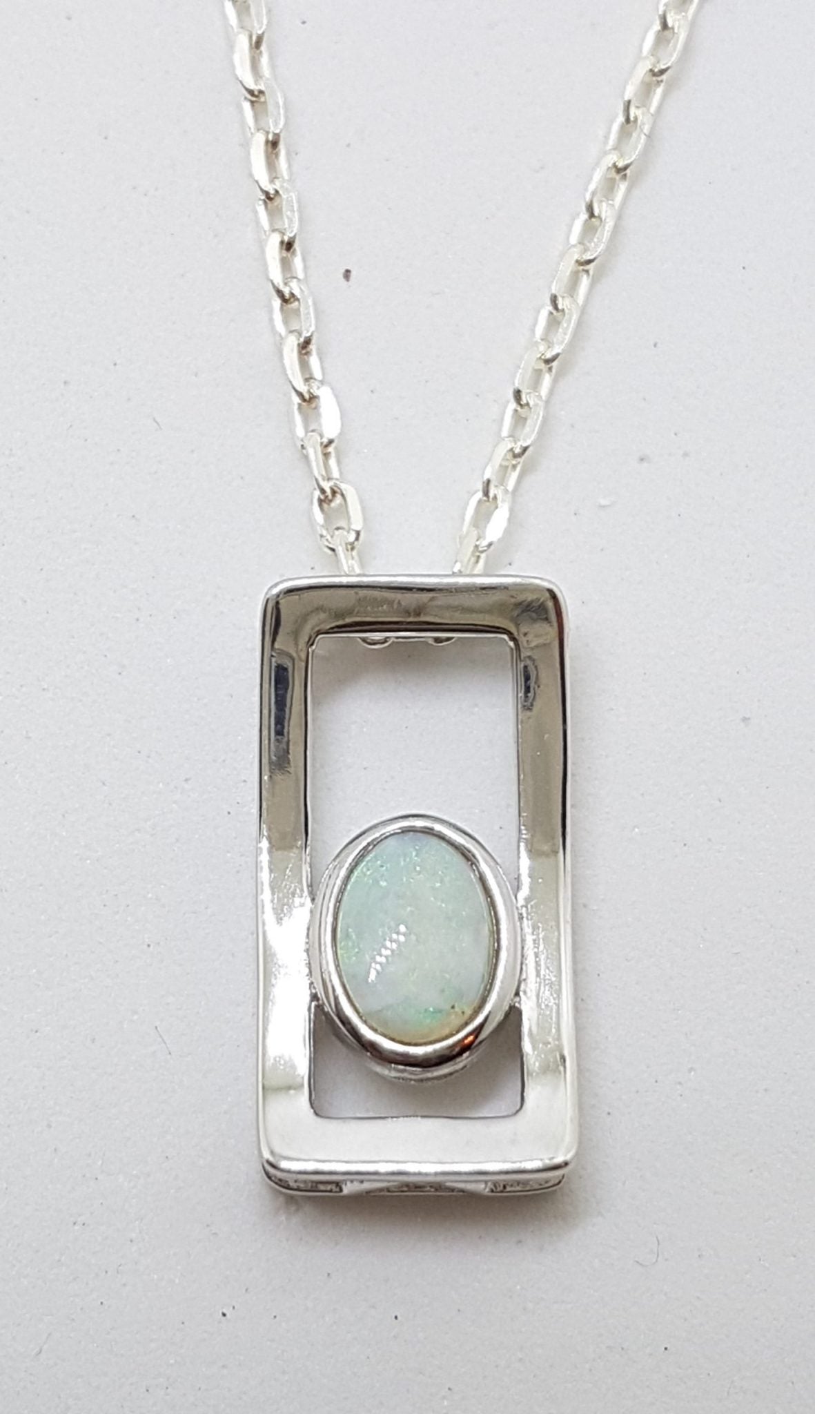 Sterling Silver White Opal Oval in Rectangular Pendant  on Silver Chain
