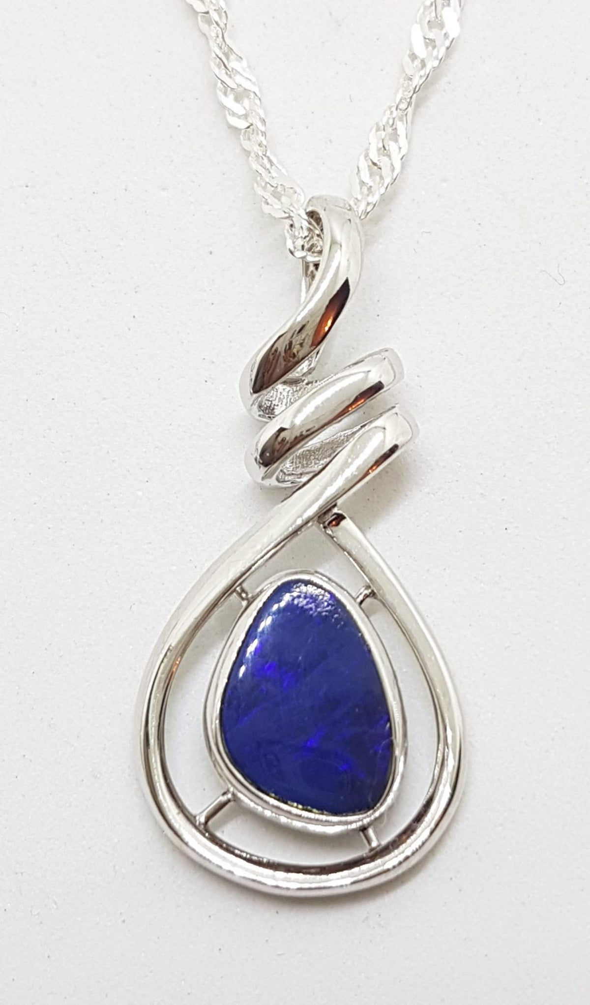 Sterling Silver Blue Opal Twist Drop Pendant on Silver Chain