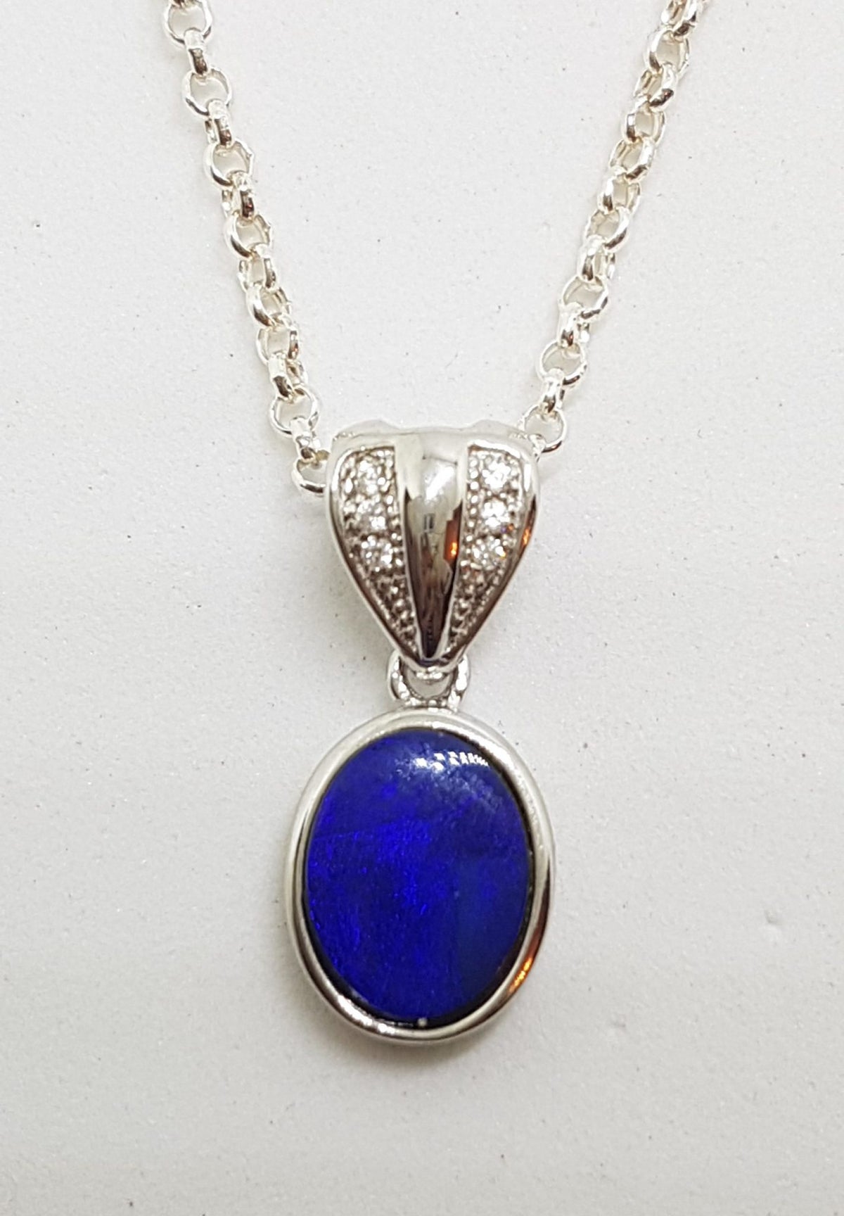 Sterling Silver Blue Opal &amp; Cubic Zirconia Drop Pendant on Silver Chain