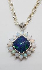 Sterling Silver Blue &amp; White Opal Square Cluster Pendant on Silver Chain