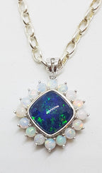 Sterling Silver Blue &amp; White Opal Square Cluster Pendant on Silver Chain