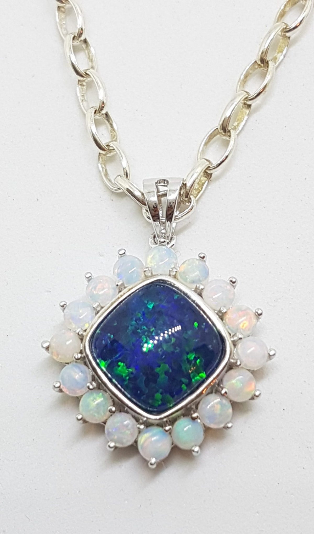 Sterling Silver Blue &amp; White Opal Square Cluster Pendant on Silver Chain