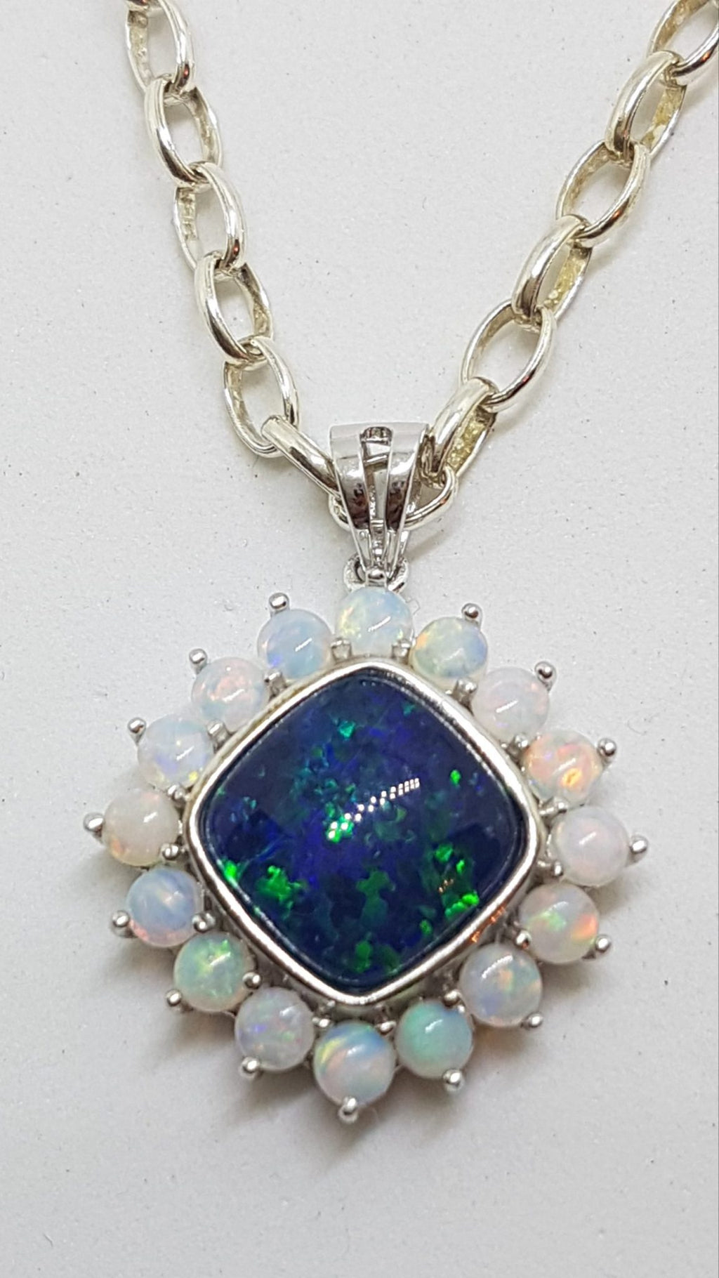 Sterling Silver Blue &amp; White Opal Square Cluster Pendant on Silver Chain