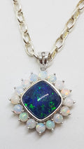 Sterling Silver Blue &amp; White Opal Square Cluster Pendant on Silver Chain