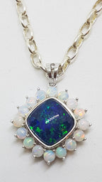 Sterling Silver Blue &amp; White Opal Square Cluster Pendant on Silver Chain