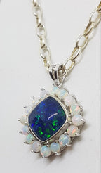 Sterling Silver Blue &amp; White Opal Square Cluster Pendant on Silver Chain