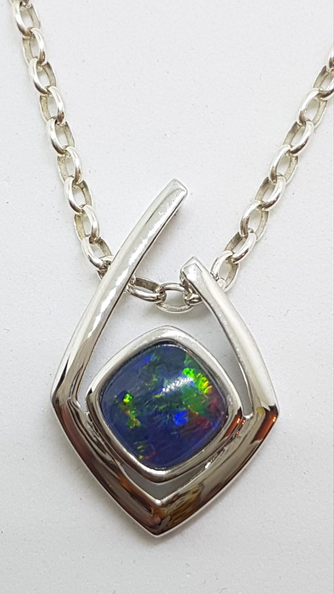 Sterling Silver Blue Opal Angular Pendant on Silver Chain