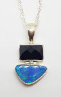 Sterling Silver Blue Opal &amp; Onyx Pendant on Silver Chain