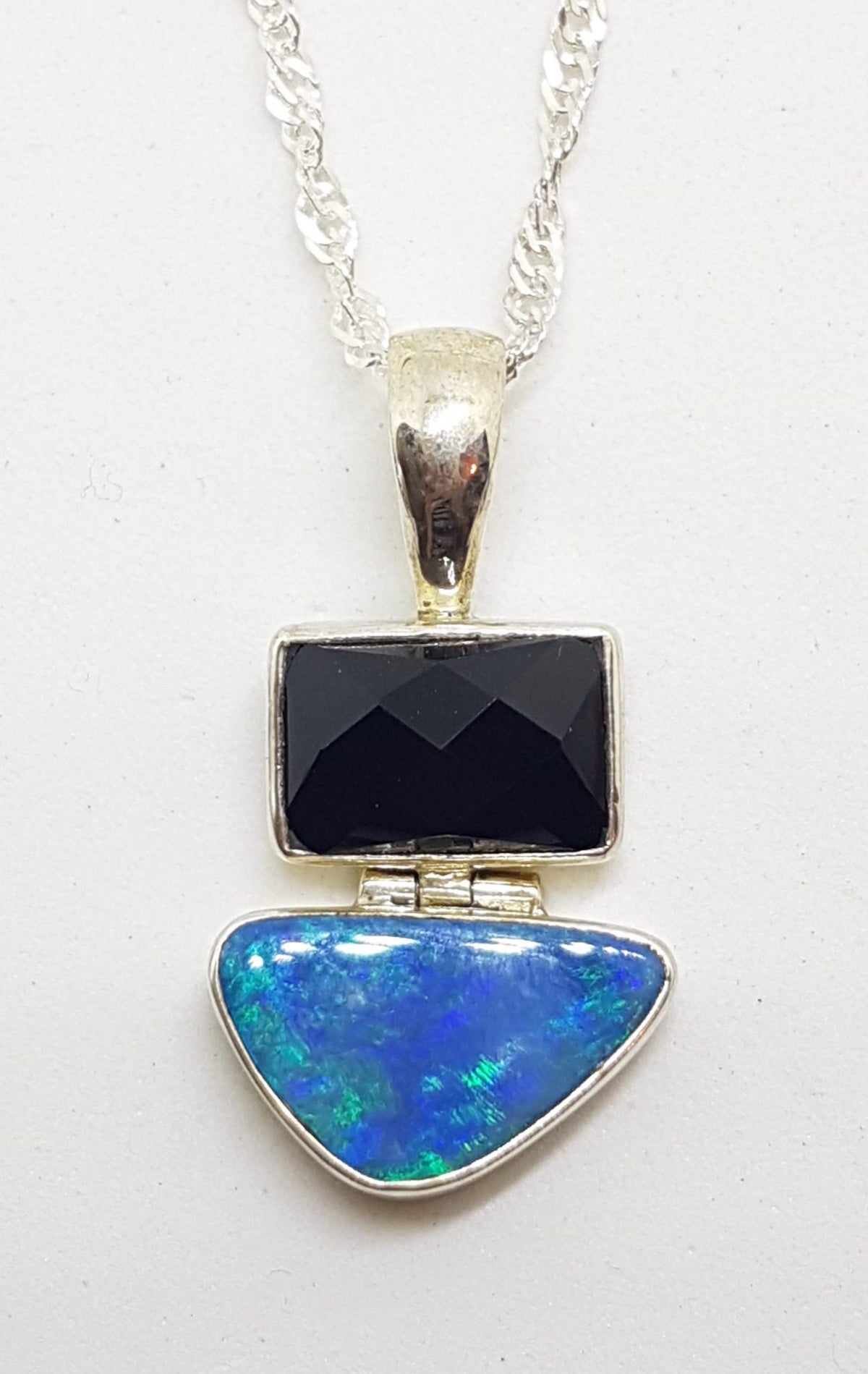 Sterling Silver Blue Opal &amp; Onyx Pendant on Silver Chain