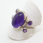 Sterling Silver Cabachon &amp; Faceted Amethyst Cluster Ring