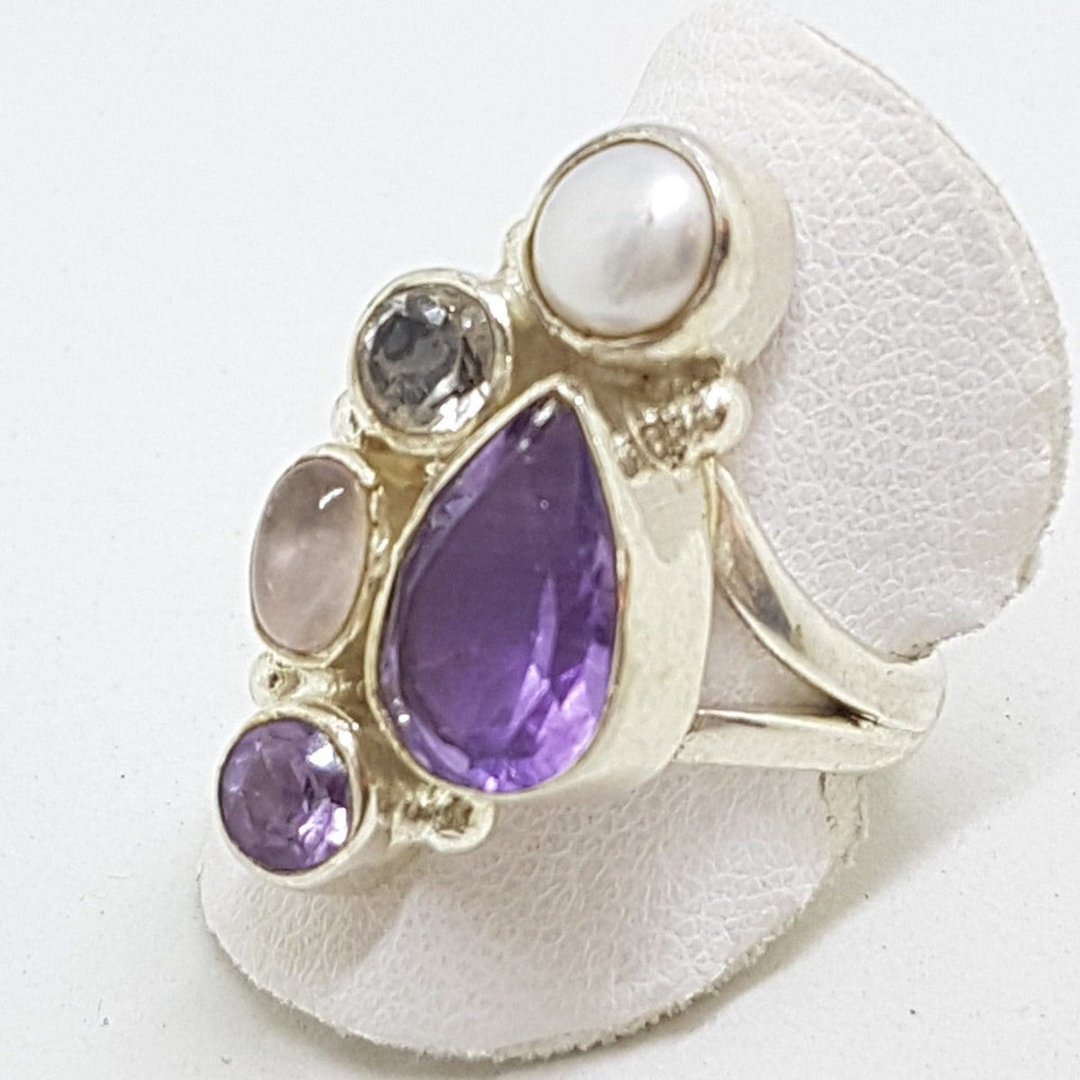Sterling Silver Large Amethyst, Quartz, Rose Quartz and Pearl Cluster Ring