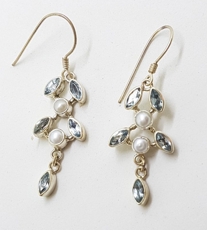 Sterling Silver Blue Topaz and Pearl Long Leaf Design Drop Earrings