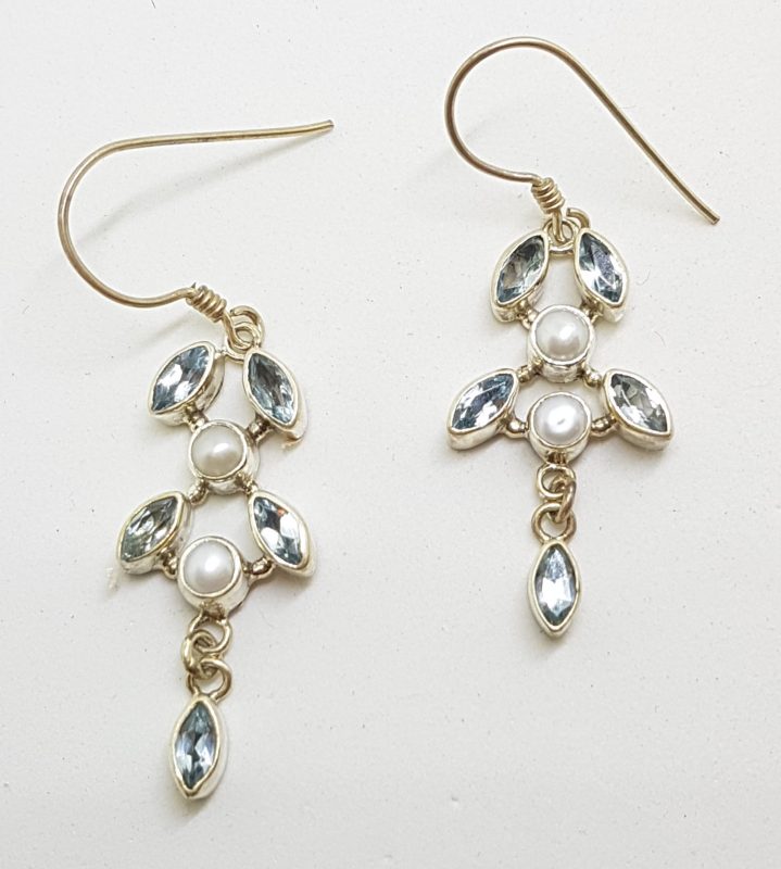 Sterling Silver Blue Topaz and Pearl Long Leaf Design Drop Earrings