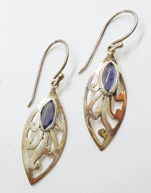 Sterling Silver Ornate Filigree Iolite Drop Earrings