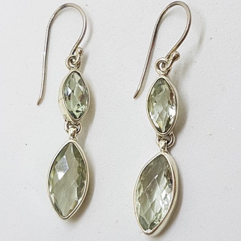 Sterling Silver Green Amethyst / Prasiolite Earrings - Long Drop Marquis Shape