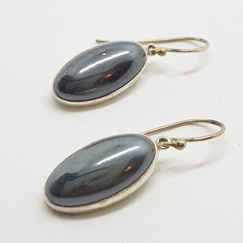 Sterling Silver Oval Hematite Iron Ore Large Drop Earrings - Bezel Set
