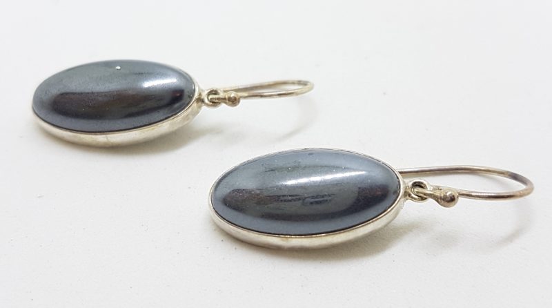 Sterling Silver Oval Hematite Iron Ore Large Drop Earrings - Bezel Set