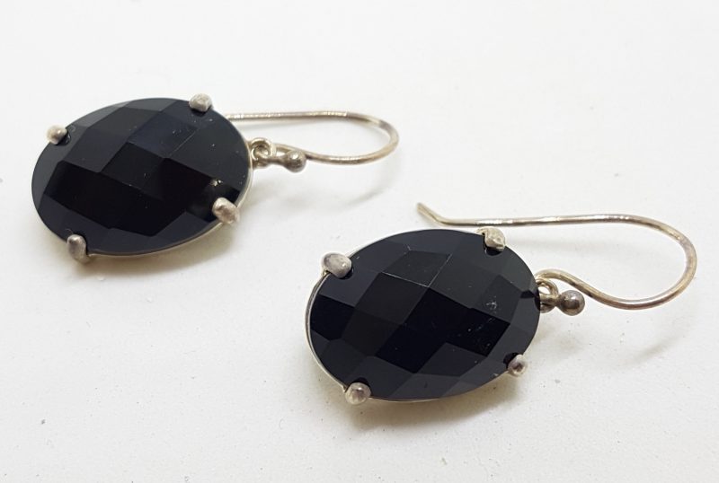 Sterling Silver Oval Faceted Onyx Drop Earrings