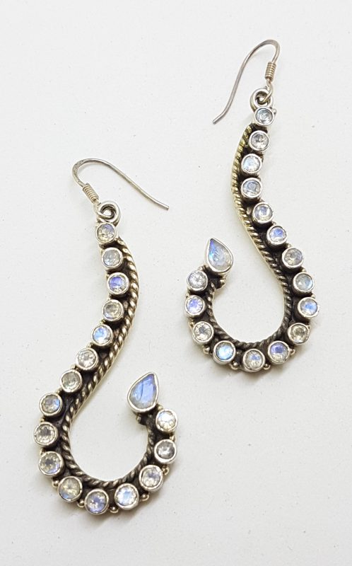 Sterling Silver Moonstone Very Long Curved Drop Earrings