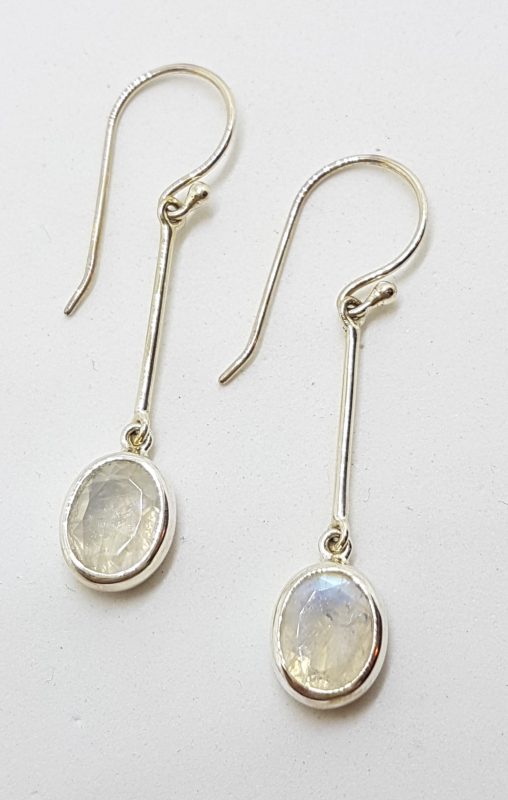 Sterling Silver Long Moonstone Oval Drop Earrings