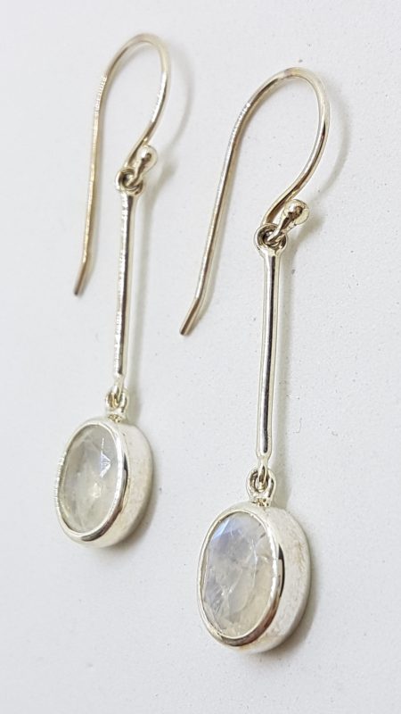 Sterling Silver Long Moonstone Oval Drop Earrings