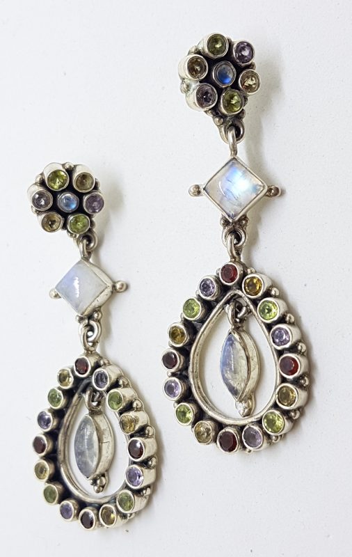 Sterling Silver Moonstone &amp; Multi-Coloured Long Drop Earrings