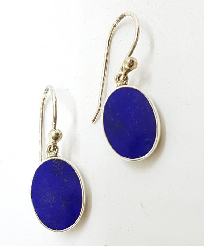 Sterling Silver Lapis Lazuli Flat Oval Drop Earrings