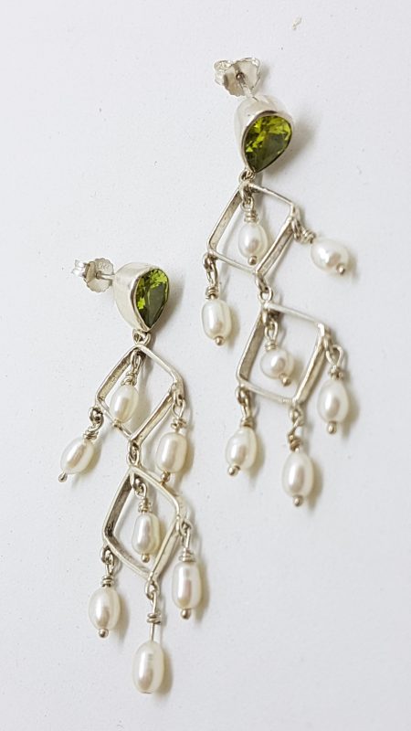 Sterling Silver Peridot and Pearl Long Drop Earrings