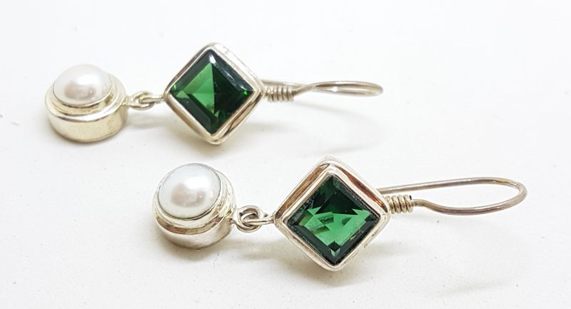 Sterling Silver Square Green Quartz and Pearl Long Drop Earrings