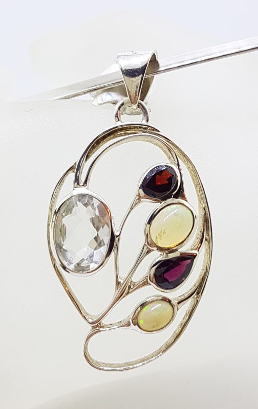 Sterling Silver Large Ornate Opal, Garnet and Clear Crystal Quartz Pendant on Sterling Silver Choker
