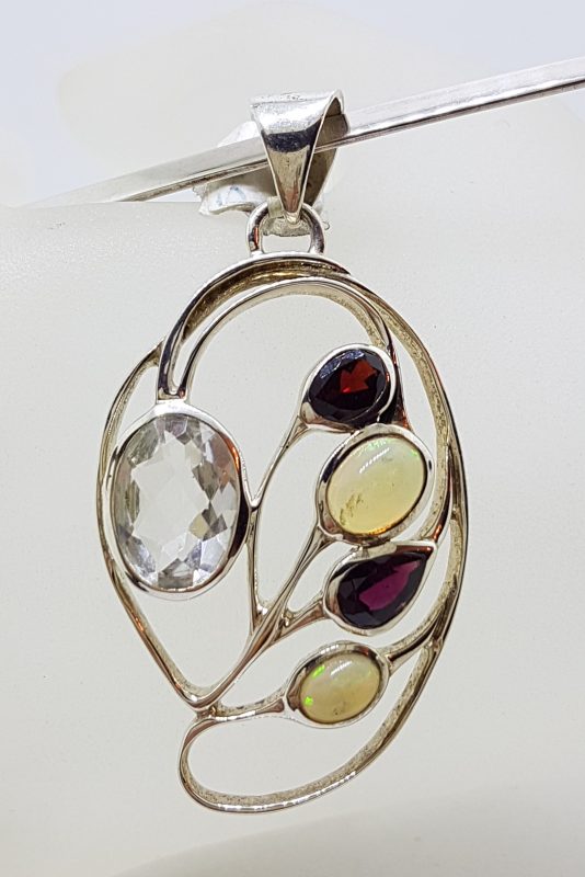 Sterling Silver Large Ornate Opal, Garnet and Clear Crystal Quartz Pendant on Sterling Silver Choker