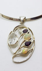 Sterling Silver Large Ornate Opal, Garnet and Clear Crystal Quartz Pendant on Sterling Silver Choker